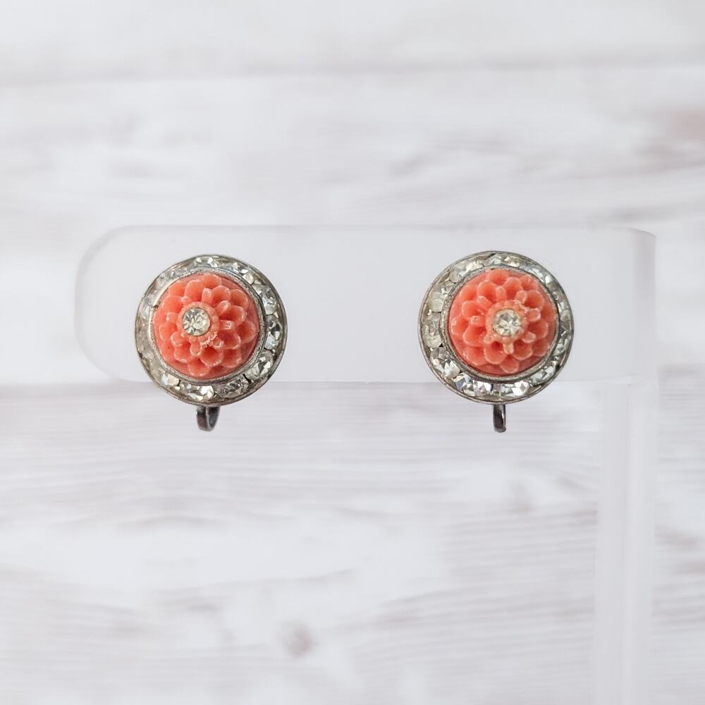 Vintage Screw On Earrings - Orange with Clear Gem 5/8" Retro